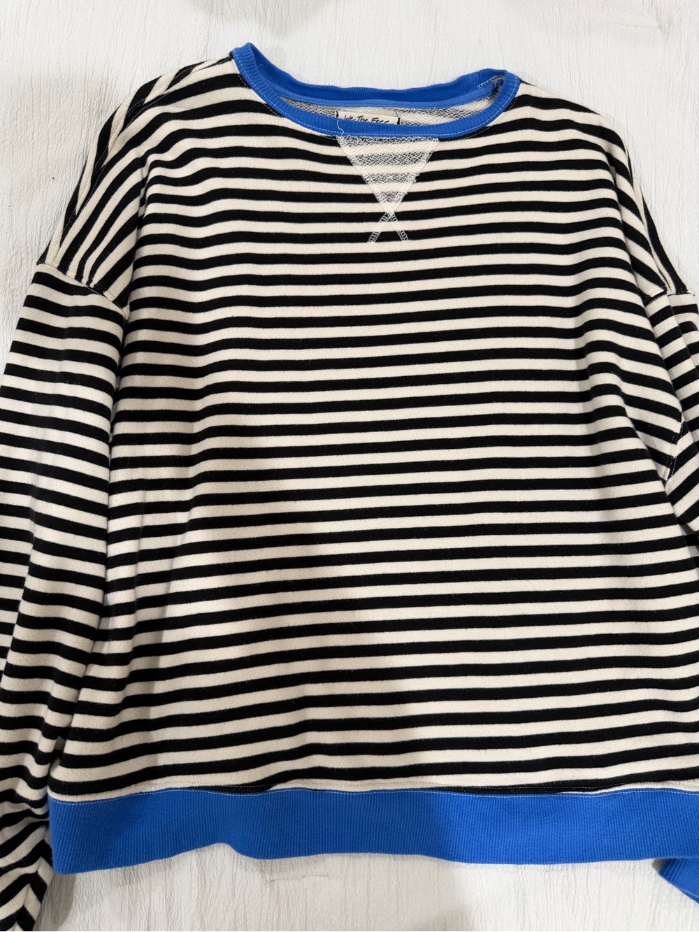 FREE PEOPLE Striped Crewneck Pullover - Black & White with Blue Trim